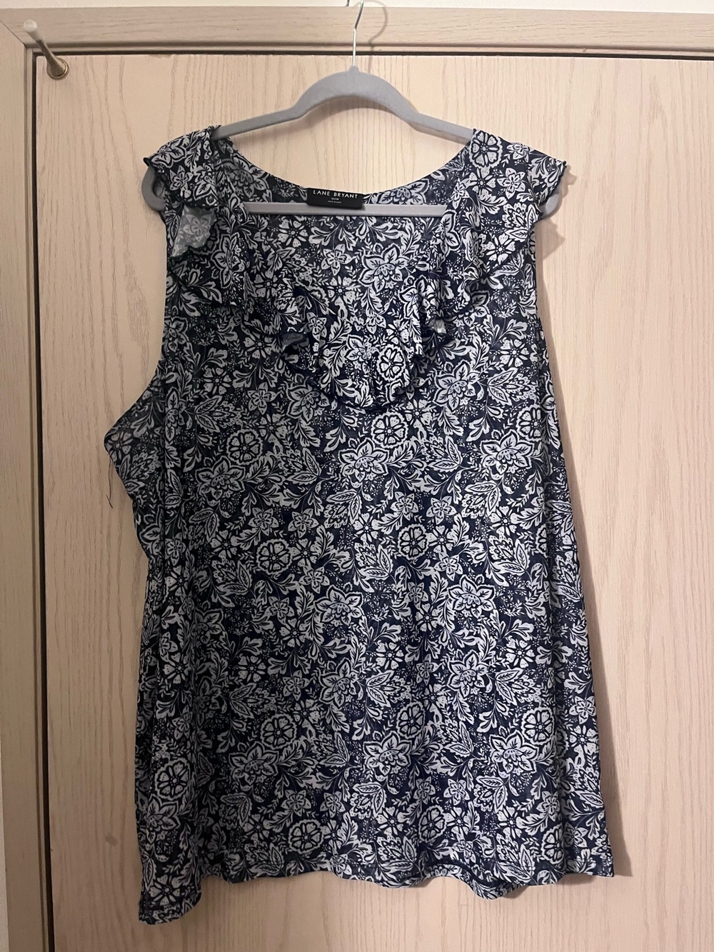 Lane Bryant Navy and White Floral Ruffle Sleeveless Blouse